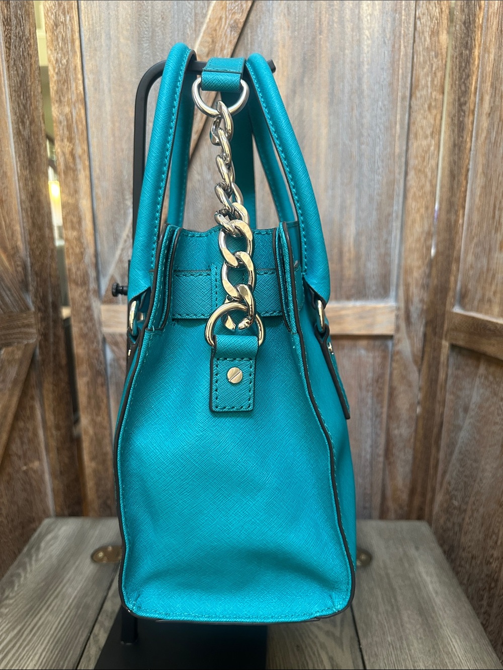 Michael Kors Turquoise Satchel Tote with Silver Padlock & Chain Shoulder Handbag - Picture 4 of 16